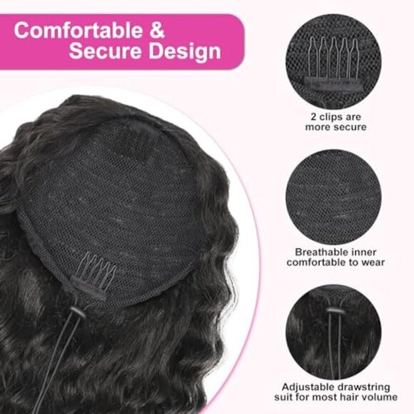 Black Synthetic Curly Drawstring Ponytail 14 Inch for Women Easy Secure